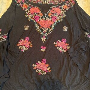Free People Black Blouse with Colorful Embroidery